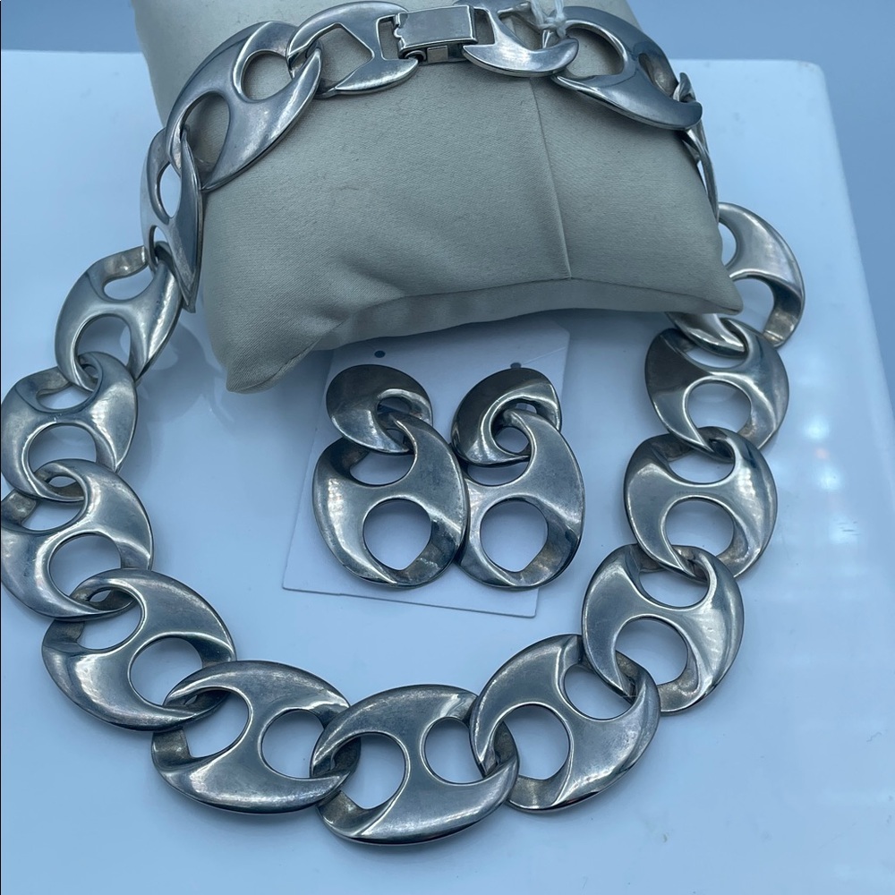 Vintage silver toned linked necklace and earrings